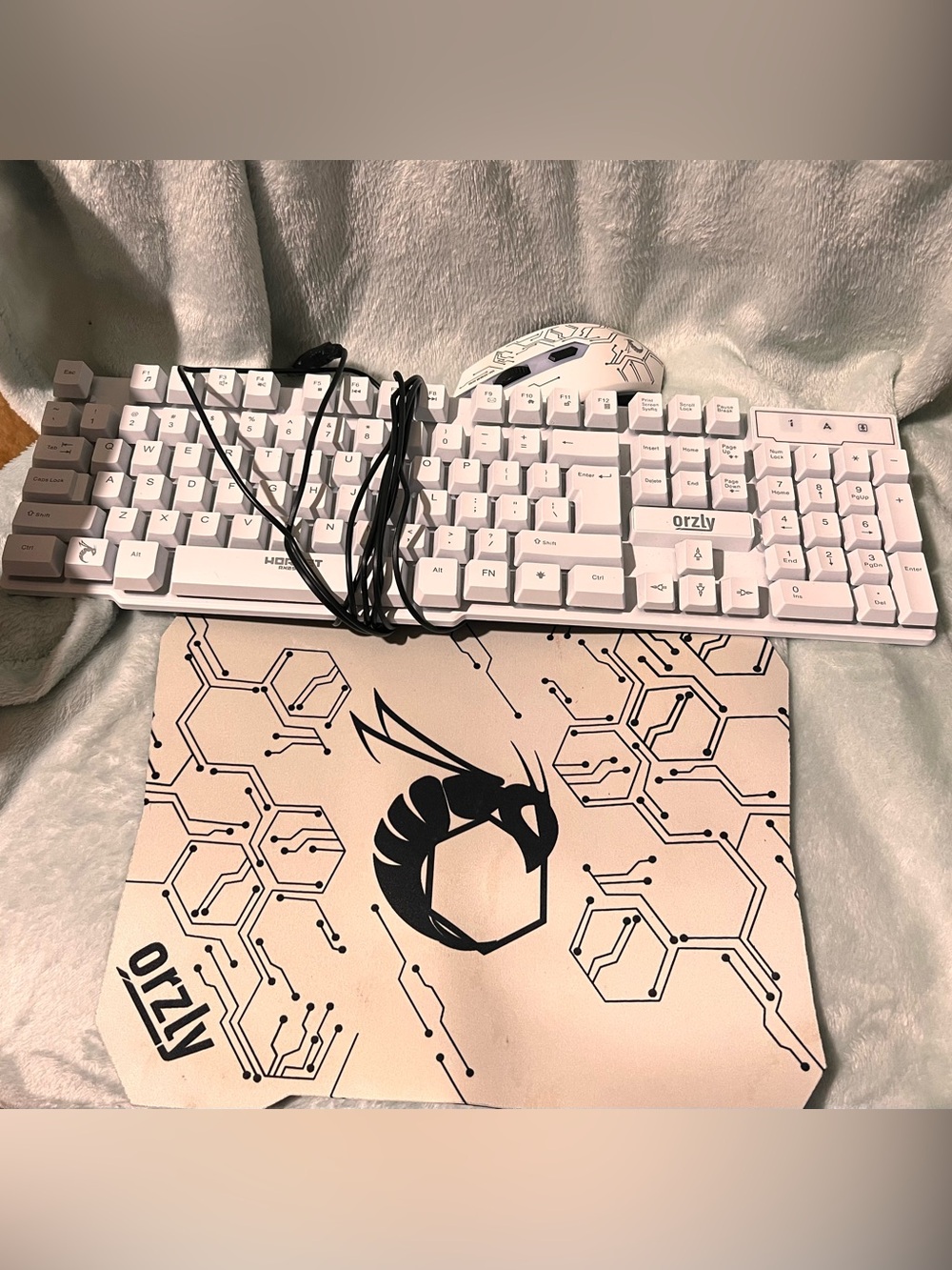 White Wired Keyboard and Mouse Combo with White Gaming Mousepad
